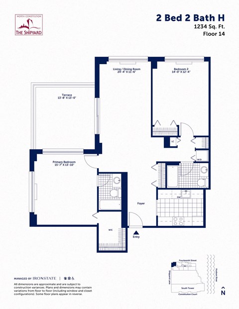 Floor plan for 2 beds, 2 baths, 1234 sqft